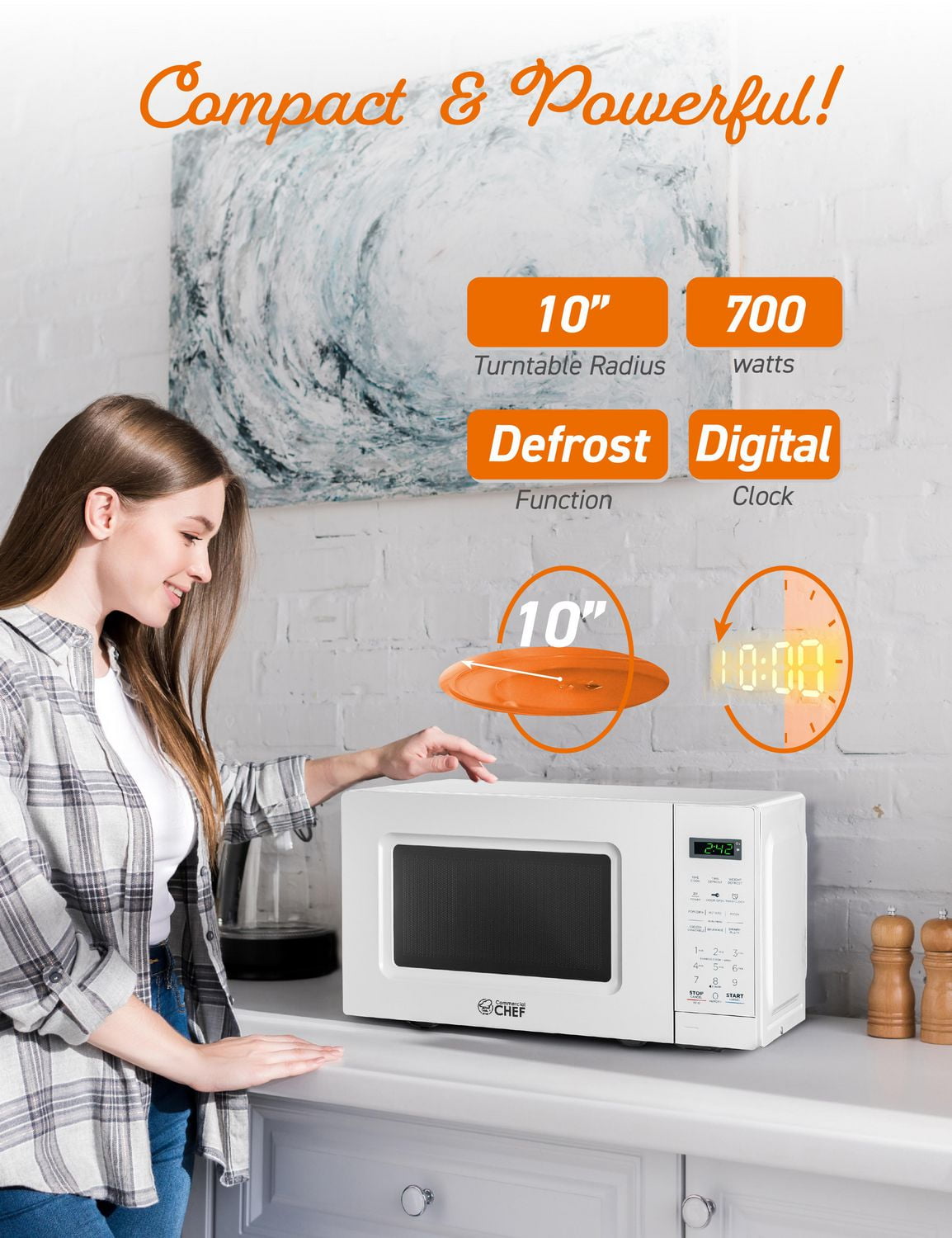 Micro-ondes de comptoir Commercial Chef de 0,7 pi³ avec affichage numérique, blanc Micro-ondes avec 10 niveaux de puissance