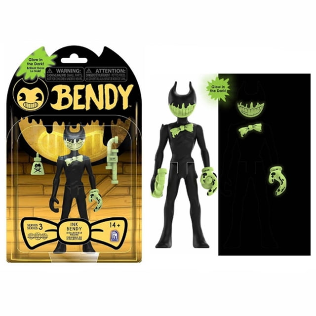 Figurines Articulées Bendy and the Ink Machine - Collections de la Série de Jouets Bendy and the Ink Machine - Jouets Figurines Bendy pour Enfants de 12 Ans et Plus. l'Image Montre une figurine Bendy en Encre Noire Phosphorescente avec accents Verts, Incluant un Nœud Papillon et des Mains, Exposée dans Son Emballage d'Origine. l'Emballage Présente le logo Bendy et un Arrière-Plan Ressemblant au style Artistique du Jeu. Convient pour Exposer, Collectionner Ou Offrir aux fans de la Série.