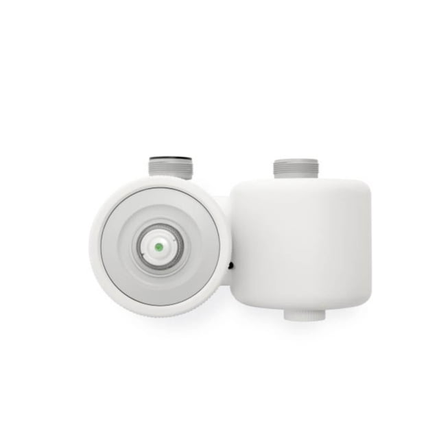 Intex C1500 Cartridge Filter Pump with Gfci, top view showing white circular pump housing with central water inlet and attached cylindrical filter cartridge, designed for 16 to 20-foot pools, delivering 1500 gallons per hour flow with enhanced filter cartridge and water inlet jets.