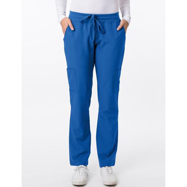 Greentown Canada 4Flex 2200 Scrub Pant in blue with modern straight leg fit, rib stretch waistband with drawstring, two slash pockets, and two cargo pockets, made of 93% polyester and 7% spandex for four-way stretch and moisture-wicking comfort, shown front-facing on a model wearing white sneakers and a white long-sleeve top.