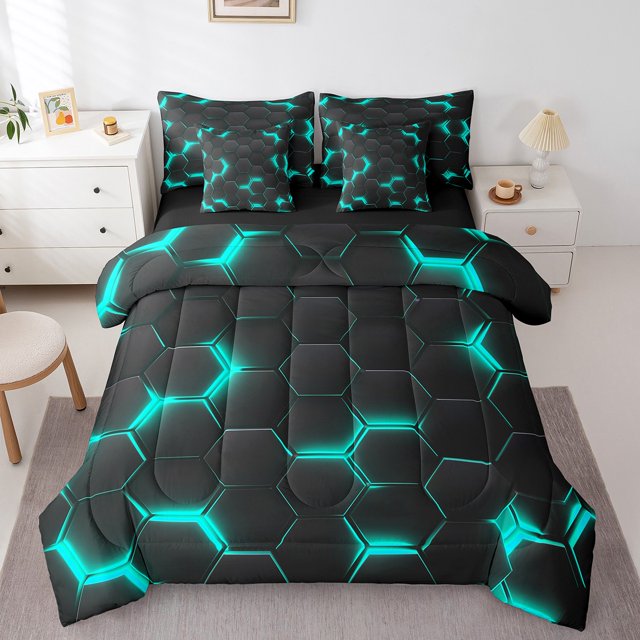 YST Ensemble de Literie 7 Pcs à Imprimé Nid d'Abeilles Sarcelle, Microfibre 100 % Polyester, Très Grand Lit (7 Unités)