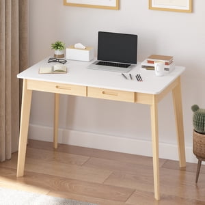 OXYLIFE Bureau d'écriture d'ordinateur avec 2 Tiroirs, Bureau d'étude de table pour ordinateur portable, Blanc