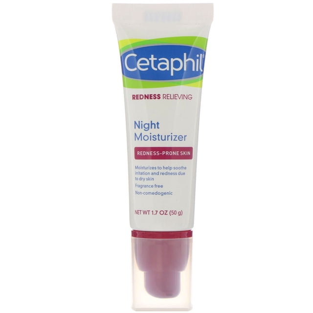 Cetaphil Redness Relieving Night Moisturizer, 1.7 oz (50 g) tube designed for redness-prone skin. The packaging features a white tube with a green and blue label, highlighting its non-comedogenic and fragrance-free formula. The product is formulated to provide continuous hydration overnight, soothe irritation, and reduce redness due to dryness. Dermatologist-developed and travel-friendly.