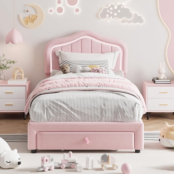 Twin Upholstered LED Platform Bed Frame with Storage Drawer No Box Spring Needed Easy Assembly Princess Crown Design Pink
