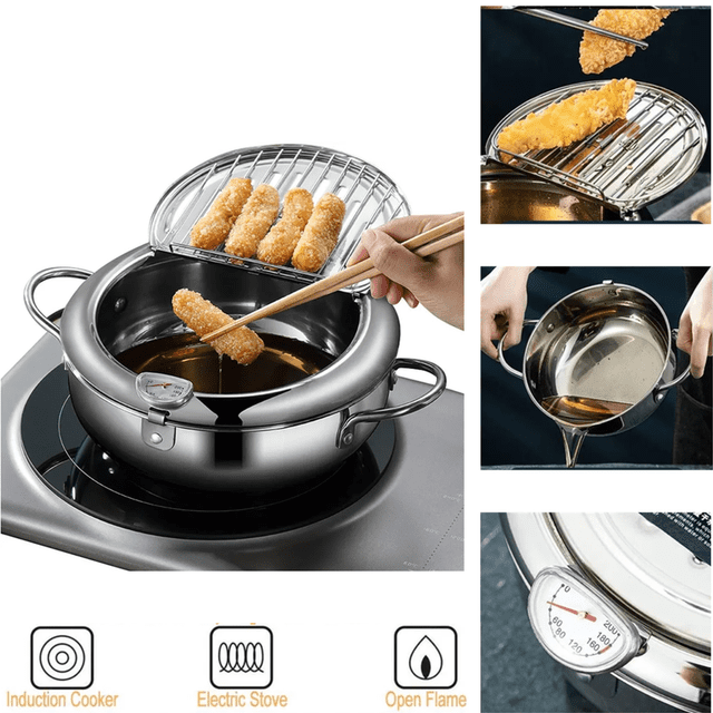 EIGTHTAIL Japanese Style Deep Fryer Pot With Drain Lid & Thermometer 24 cm 3.2L Capacity