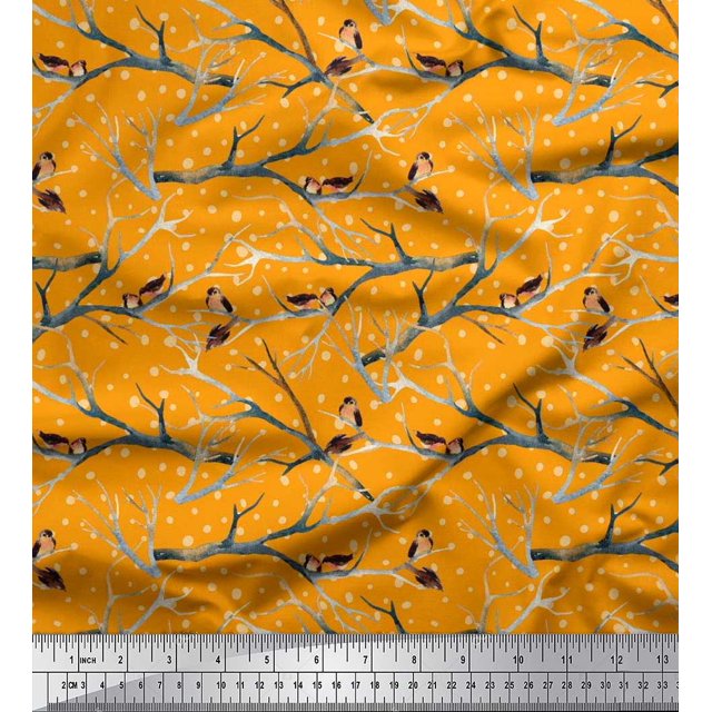 Soimoi Orange polyester Crepe Fabric Branch,Dot & American Robin Bird Print Fabric by Yard 52 Inch Wide