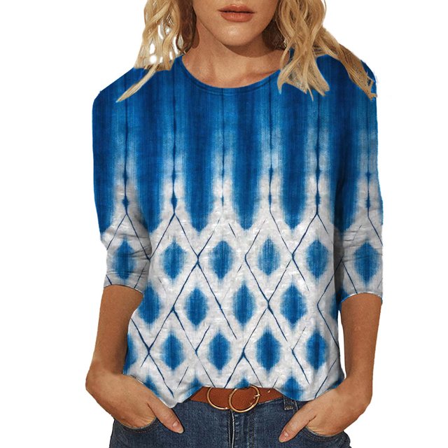 Pompotops Mode Femme T-shirt Imprimé Mi-Longueur Manches 3/4 Blouse Col Rond Hauts Décontractés Liquidation