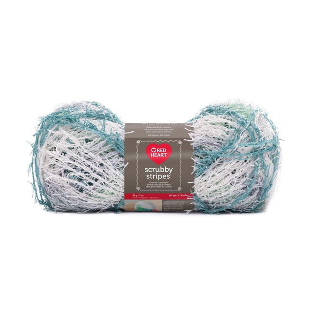 Red Heart® Scrubby Stripes™ Fil, Polyester #4 Moyen, 3oz/85g, 80 Yards, Deux Écheveaux de Fil de Polyester Texturé à Rayures Blanches, Sarcelle et Vert Pâle avec une Étiquette Brune Montrant le logo Red Heart, Idéal pour des Lavettes en Tricot Ou au crochet et des Débarbouillettes Qui Sèchent Rapidement et Exfolient.