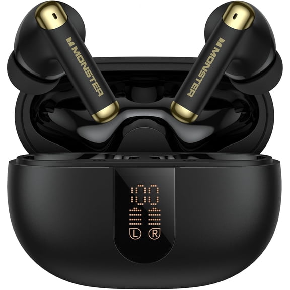 Monster Wireless Earbuds，Bluetooth 6.0 Stereo Headphones with Noise-Cancelling Mic and LED Display, Built-in Mic for Clear Calls, Waterproof Design for Sports