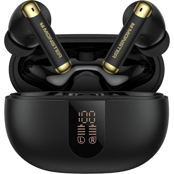 Monster Wireless Earbuds,Bluetooth 6.0 Stereo Headphones with Noise-Cancelling Mic and LED Display, Built-in Mic for Clear Calls, Waterproof Design for Sports