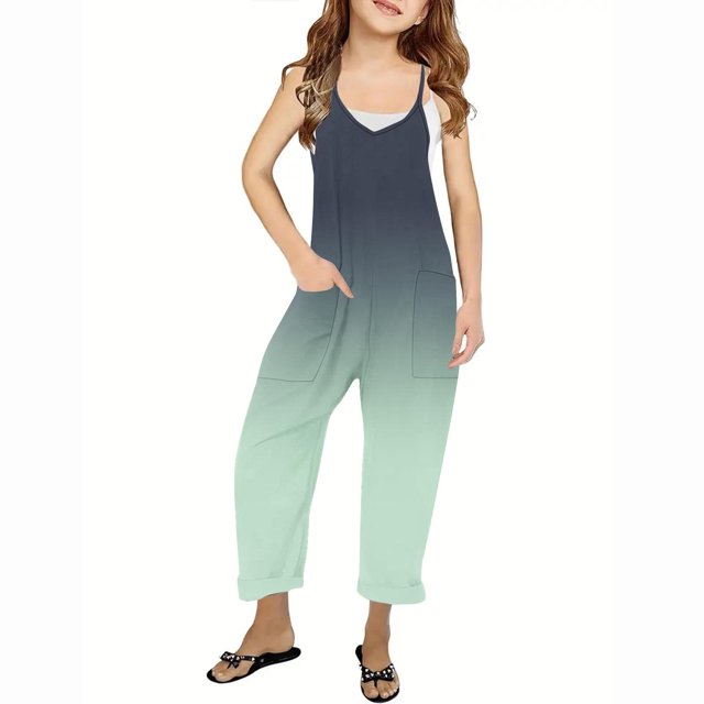 RXIRUCGD Girls Casual Jumpsuits Gradient Print Sleeveless Summer Rompers Long Pants With Pockets For 5-14 Years( Dark Gray, Size:13 Years )
