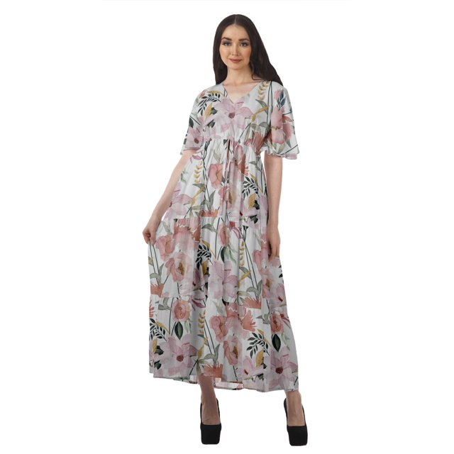Moomaya Robes d'Été Imprimées à Manches Courtes pour Femmes, Tenue de Fête Décontractée