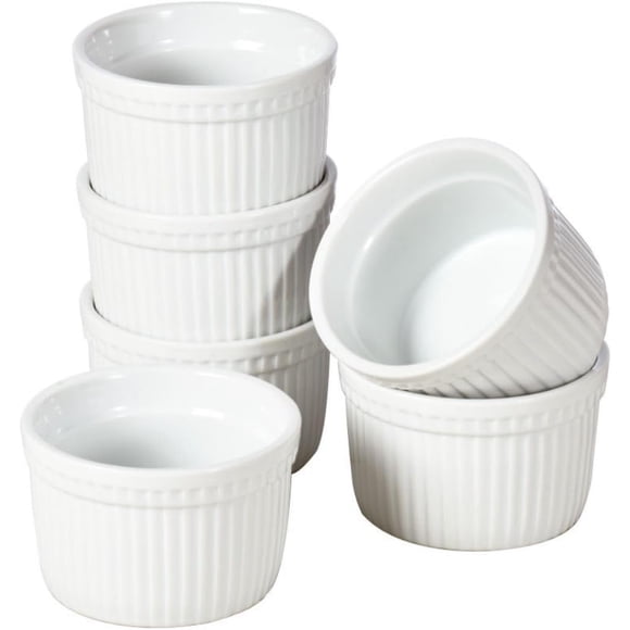 WishDeco Ramekins Set of 6, Ceramic Creme Brulee Ramekins 7 oz / 200 ml, White Dipping Sauce Dishes, Ramekin Bowls for Baking, Souffle, Custard Pudding, Cake, Oven Safe