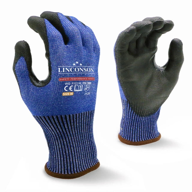 LINCONSON 3 Pack Level 5 Cut Resistant Safety Performance Series Construction Mechanic PU Work Gloves Thumb Double Reinforced (Medium,Blue)