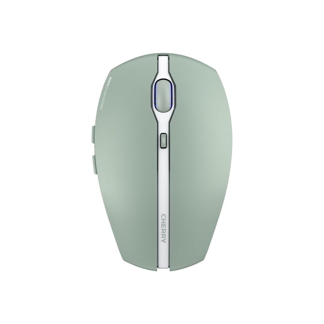 Cherry GENTIX BT Wireless Bluetooth Mouse in agave green with a top-down view showing seven buttons including a DPI switch, a blue LED-lit scroll wheel, ergonomic shape with rubber side grips, and Bluetooth 5.0 connectivity for up to three devices, suitable for efficient multi-device use.