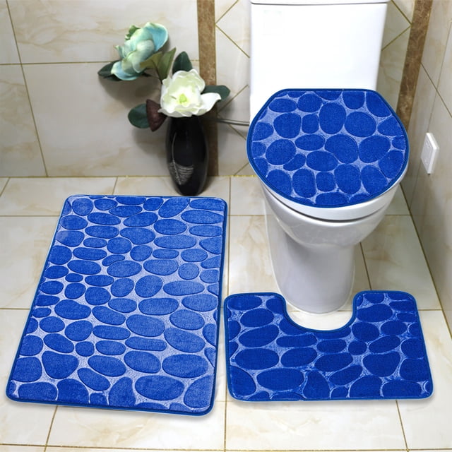LSLJS Bathroom Rugs Sets 3 Piece Bathroom Carpet in blue with a cobblestone pattern. Includes a large rectangular bath mat, a U-shaped mat for toilet bases, and a toilet seat cover. Made of polyester with a non-slip PVC backing for safety and comfort. Highly absorbent and machine washable, ideal for bathrooms, saunas, and showers.