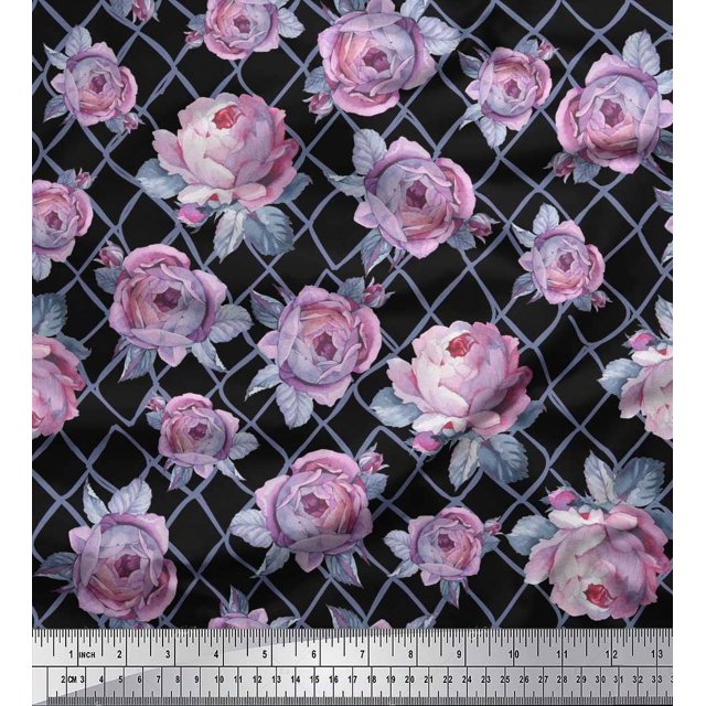 Soimoi Moss Georgette Fabric Geometric,Leaves & Rose Floral Decor Fabric Printed Yard 42 Inch Wide