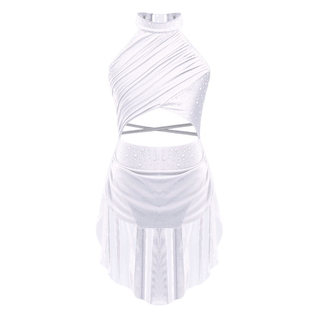Raenseen Robe de Danse Ballet Jazz pour Filles, Justaucorps de Patinage Artistique, Strass Brillants, Robe de Bal Sans Manches, Blanc 10