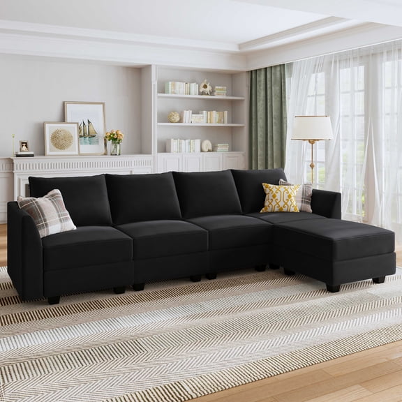HONBAY Canapé Sectionnel Moderne en Velours avec Sièges de Rangement, Sofa en L, Noir