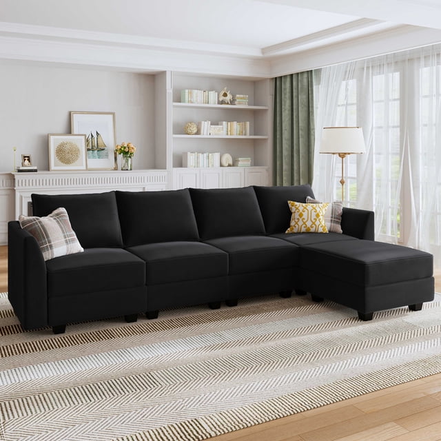 HONBAY Canapé Sectionnel Moderne en Velours avec Sièges de Rangement, Sofa en L, Noir