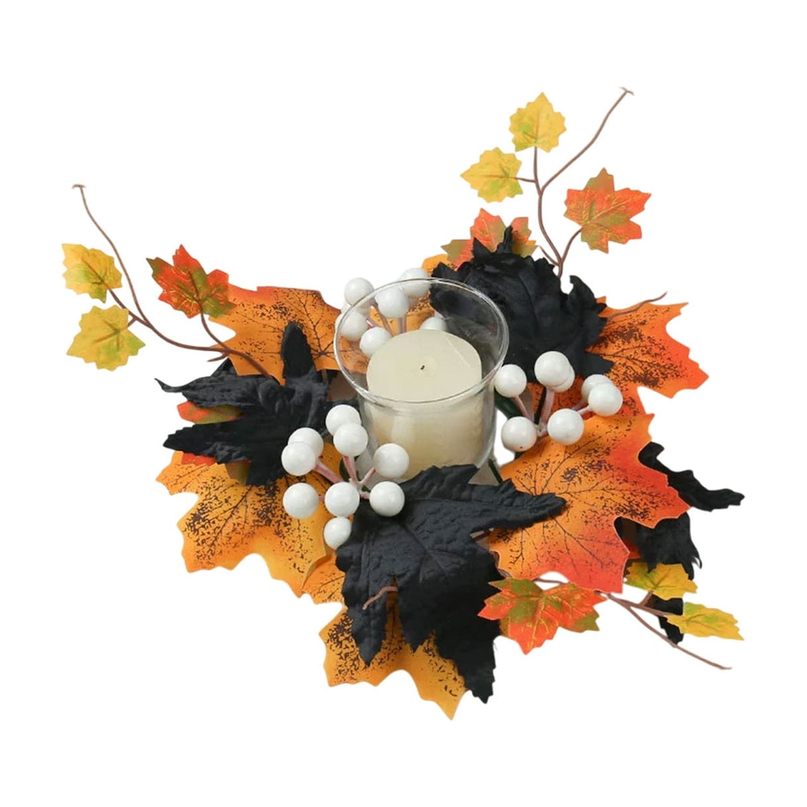 SLYNSHome Halloween Candle Rings Artificial Maple Leaf Mini Wreath Candle Holder Fall Autumns Thanksgiving Party Decoration