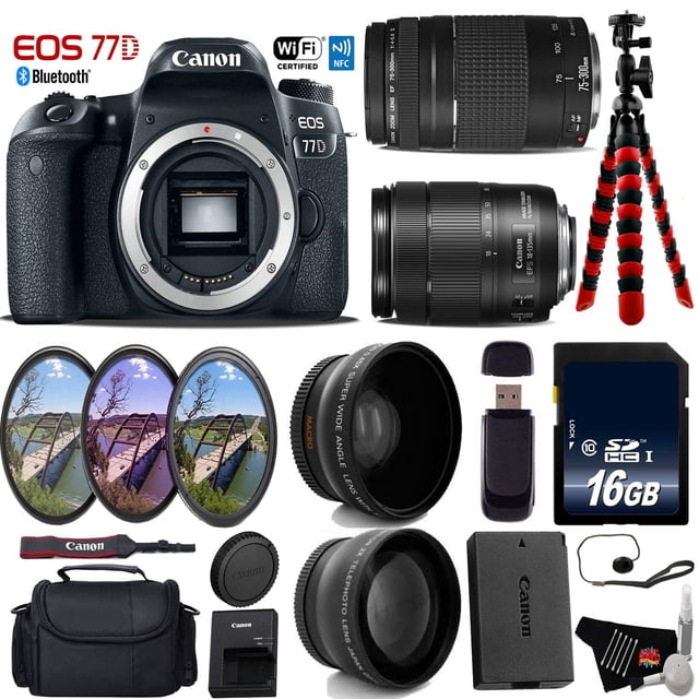 Canon EOS 77D DSLR Camera with 18-135mm is USM Lens & 75-300mm III Lens + UV FLD CPL Filter Kit + Wide Angle & Telephoto Lens + Camera Case + Tripod + Card Reader - Intl Model