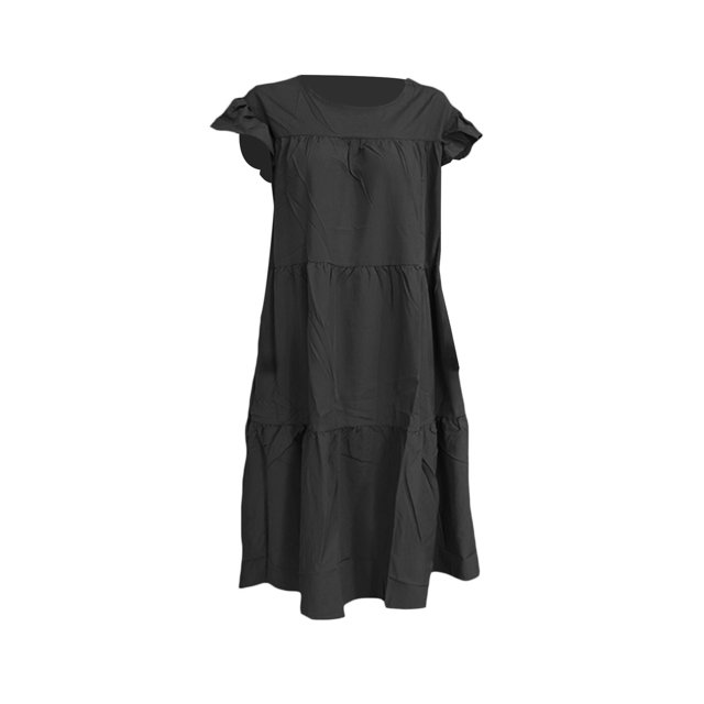 Faithtur Robe Mi-Longue Ample pour Femmes, Style Décontracté d'Été, Couleur Unie, Col Rond, Manches Volantes, Jupe Froncée