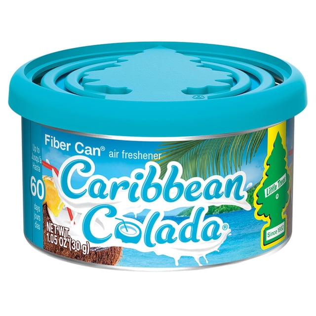 LITTLE TREES air freshener Fiber Can Caribbean Colada 1.05 OZ with turquoise lid embossed with tree logo, round canister featuring tropical beach design and text stating up to 60 days fragrance, ideal for car interiors and small spaces.