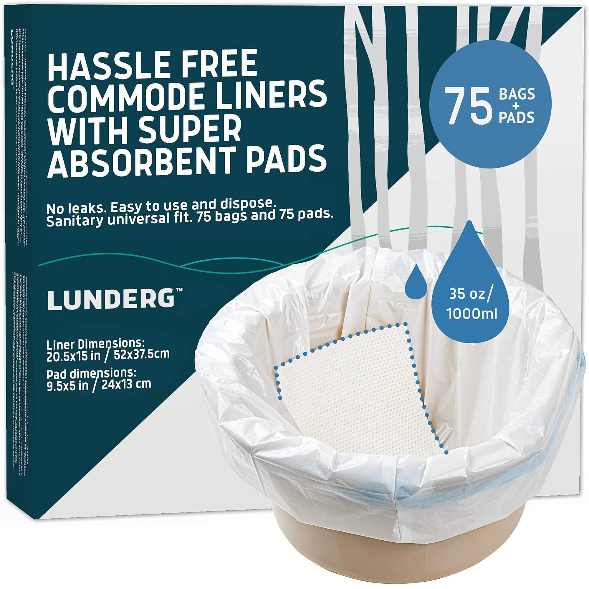 Lunderg Commode Liners with Absorbent Pads - Value Pack Medical Grade 75 count Universal Fit - Disposable Bedside Commode Liners and Pads for Adult Commode Chairs, Portable & Camping Toilet Bags