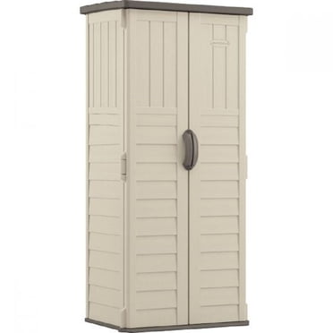Suncast 22 Cu ft Vertical Resin Storage Shed, 6 sq ft Compact Outdoor Organizer for Tools and Garden Supplies – Vanilla