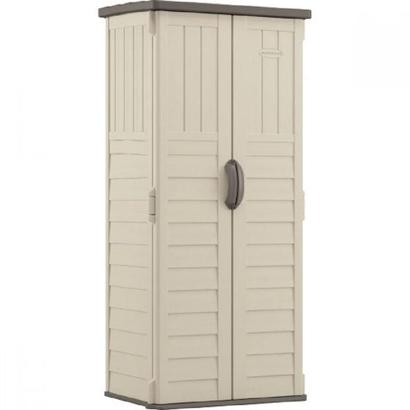 Suncast 22 Cu ft Vertical Resin Storage Shed, 6 sq ft Compact Outdoor Organizer for Tools and Garden Supplies – Vanilla