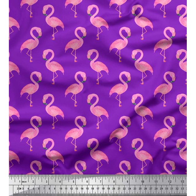 Soimoi Purple polyester Crepe Fabric Flamingo Bird Print Sewing Fabric Yard 52 Inch Wide
