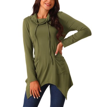 Unique Bargains Tunique à Manches Longues Col Bénitier Ourlet Asymétrique avec Poches Vert Armée m