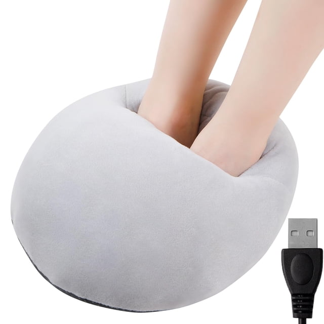 USB Powered Foot Warmer Soft Flannel Heating Pad in grey, designed for indoor home use. Features a soft flannel material for comfort, USB-powered heating technology for consistent warmth, and a non-sole design for stability. Suitable for men and women, ideal for working, studying, or relaxing at home. Includes a USB cable for power connection.
