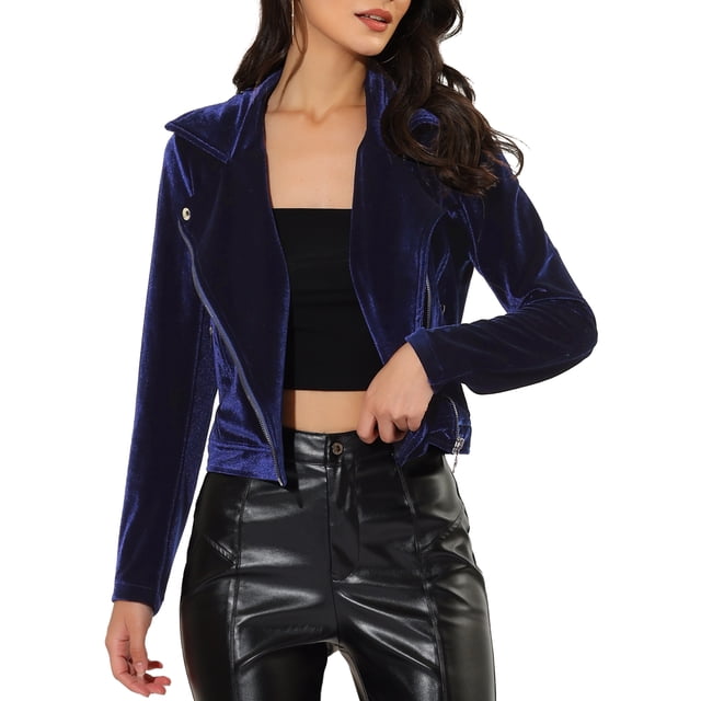 INSPIRE CHIC Women's Velvet Notched Lapel Zipper Cropped Motorcycle Jacket M Blue