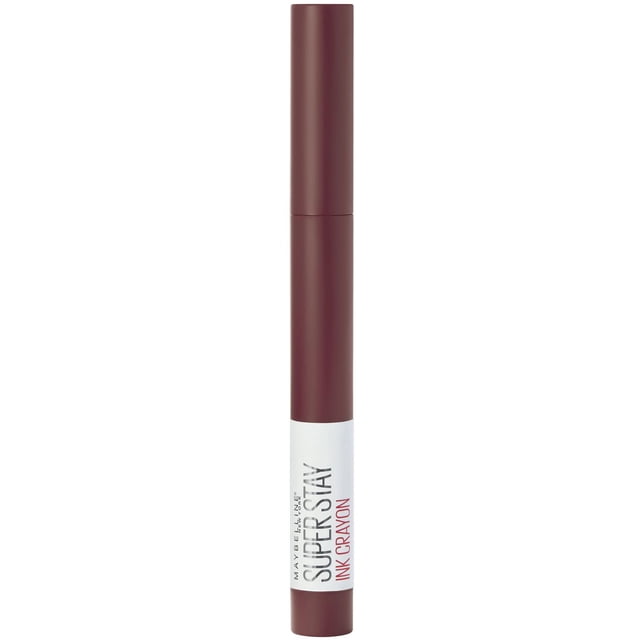 Super Stay®Ink Rouge à Lèvres Craie de Cire en Couleur Violet Foncé Brun Mat avec un design Cylindrique Mince et un Capuchon Assorti, Présentant une Étiquette Blanche avec Marque et Nom de Produit, Conçu pour une Tenue jusqu'à 8 Heures et une application Précise avec Aiguiseur Intégré.