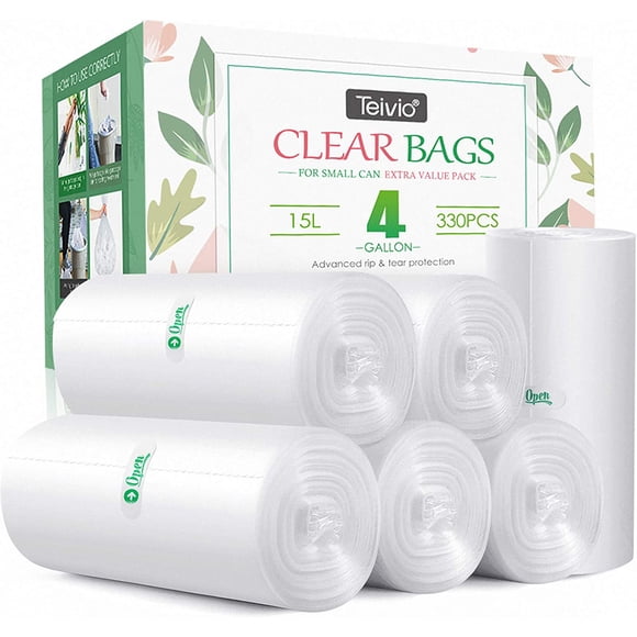15 Litres 330 Counts Strong Trash Bags Garbage Bags by Teivio, Bathroom Trash Can Bin Liners, Small Plastic Bags for home office kitchen,fit 12-15 L, 3,3.5,4,4.5 Gallon Wastebasket, Clear