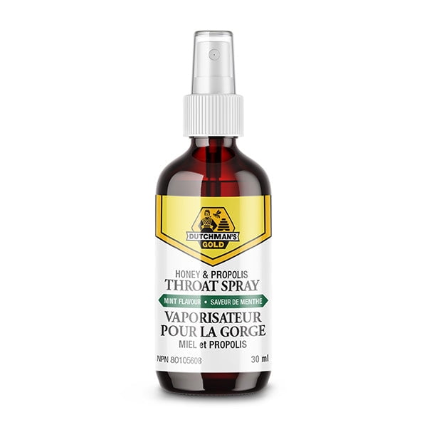 Dutchman's Gold Honey and Propolis Throat Spray in a 30 mL amber bottle with a white spray nozzle and label featuring mint flavour. Designed for natural throat relief using honey, bee propolis, and peppermint.