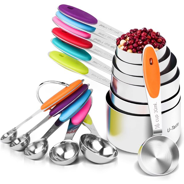 U-Taste 18/8 Stainless Steel Measuring Cups and Spoons Set: 12 Pieces Metal Stacking Kitchen Baking Cooking Food Measure Set 7 Cups 5 Spoons with Strengthened weld joints (Multicolors)