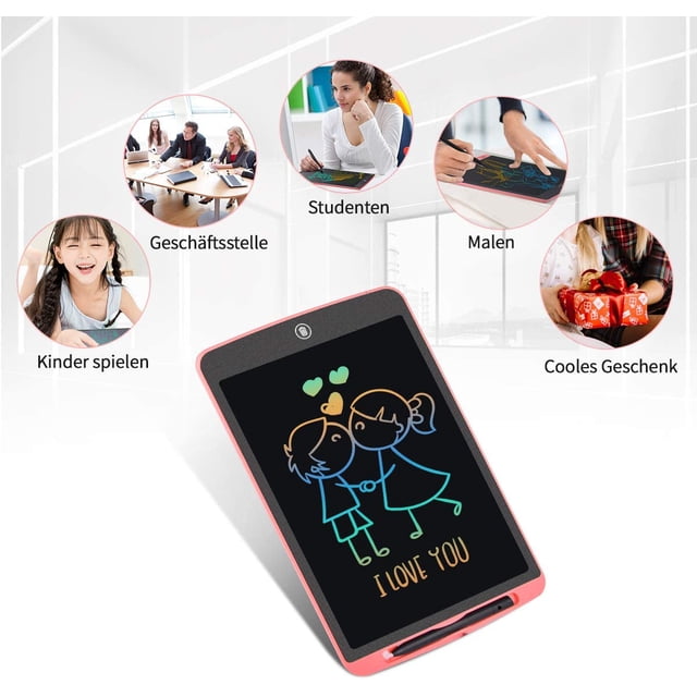 Tablette de Dessin à Écran LCD par hotelus, Présentant un Écran Coloré avec un Gribouillage de Deux Enfants et le Texte « Je t'Aime ». la Tablette a un design compact avec un Cadre Rouge et Convient aux Enfants, aux Étudiants et aux Activités Créatives comme le Dessin Ou la Prise de Notes. Elle Est Présentée dans un Cadre de Style de Vie avec Divers Cas d'Utilisation, Y Compris comme Cadeau Ou pour le Bureau.