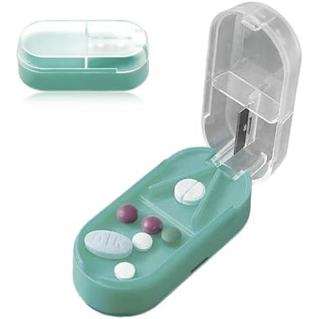 Pill Cutter Travel Pill Organizer, 2025 New 3 Compartment Small Pill Box Pill Cutter Splitter for Small or Large Pills, Small Pill Container Portable Pill Case for Pocket Purse Pill Organizer (Green)