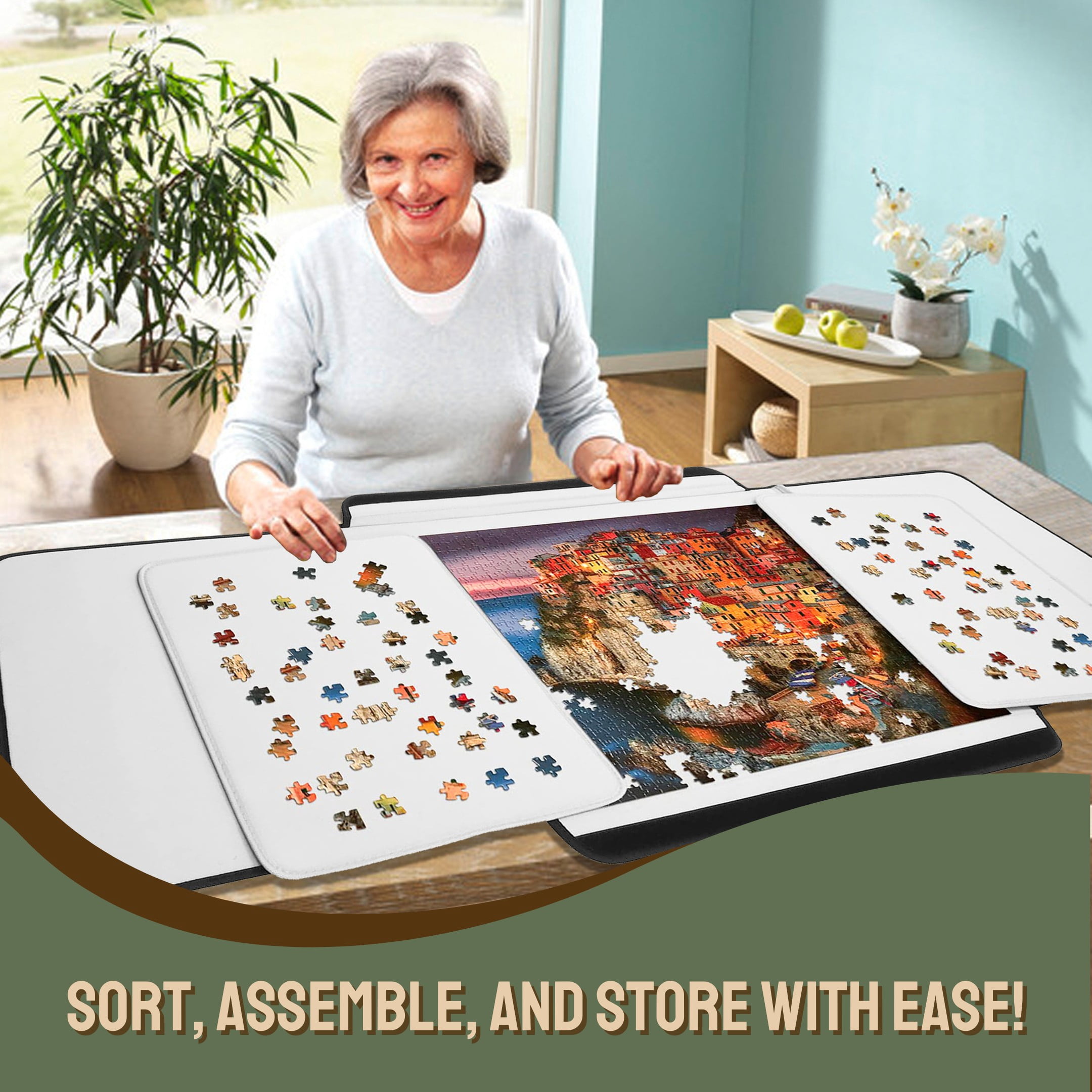 Boîte de Rangement Portable pour Puzzle Tradeopia Noire jusqu'à 1500 Pièces, avec Plateaux de Tri et Plateau Détachable