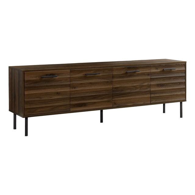 Monarch Specialties TV stand, 72 inch media console in dark brown laminate wood-look finish, featuring four rippled front storage cabinet doors with black metal handles and supported by black metal legs in a transitional mid-century style, suitable for organized entertainment spaces.