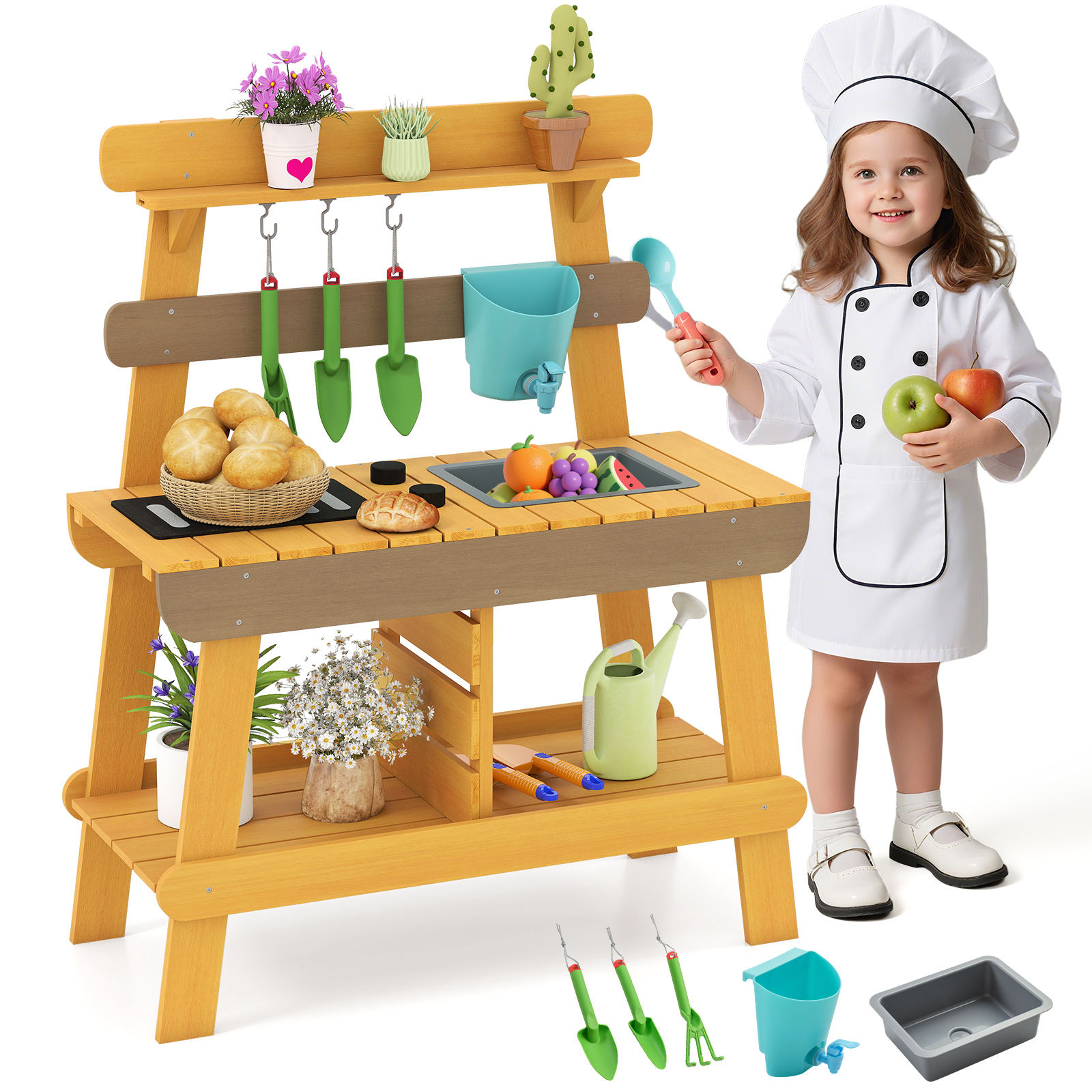 Gymax Play Kitchen for Kids w/ Removable Faucet Sink Grill Rack Rotation Knobs