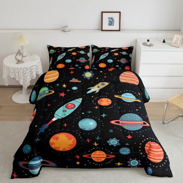 YST Rainbow Planet Bedding Set King For Kids Boys Girls Psychedelic Galaxy Comforter Set,Kids Spacecraft Rocket Bedding Comforter Sets Glitter Stars Duvet Set Planet Theme Bedroom Decor,3pcs