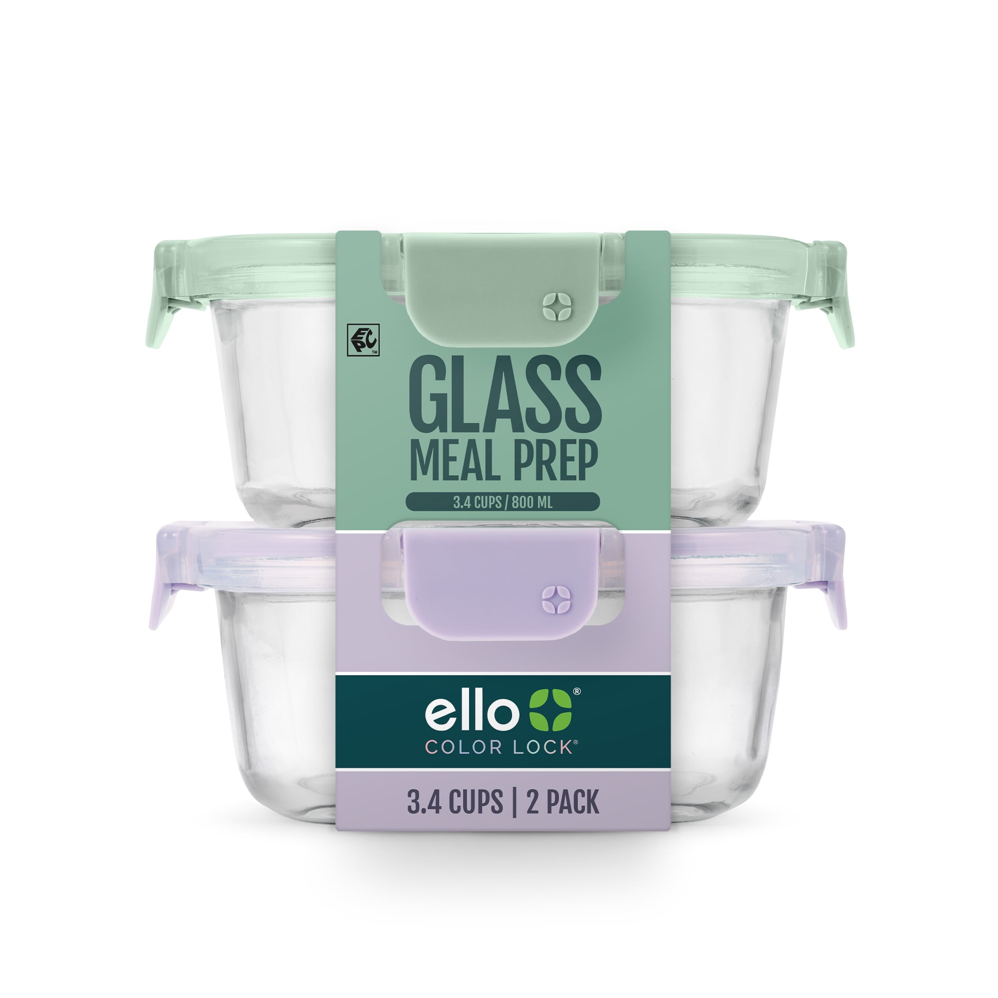 Ello Color Lock 3,4 Tasses 2 Paquets de Contenants Ronds en Verre