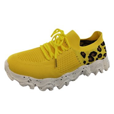Espadrilles Largeur Grand pour Femmes Grande Taille Mode pour Femmes en Maille Tissu Espadrilles à Imprimé Léopard Respirantes Antidérapantes à Lacets Chaussures Décontractées Femme Espadrilles pour Femmes Chaussures (Jaune, 8.5)