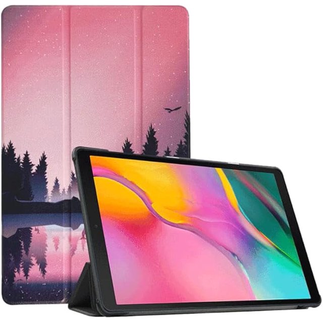 KOMI Case for Google Pixel Tablet 11 inch 2023 Release, featuring a folio slim cover with a nightfall design. The lightweight hard shell protective case includes a magnetic front cover that folds into a multi-angle stand for comfortable reading, viewing, and typing. Designed exclusively for the Google Pixel Tablet 11 inch 2023 model, it offers a thickened hard back shell for enhanced protection and easy installation. The case is shown propping up the tablet in landscape mode, with a vibrant screen display and a scenic nightfall pattern on the back cover.