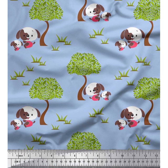 Soimoi Moss Georgette Fabric Tree & Dog Kids Print Sewing Fabric Yard 42 Inch Wide
