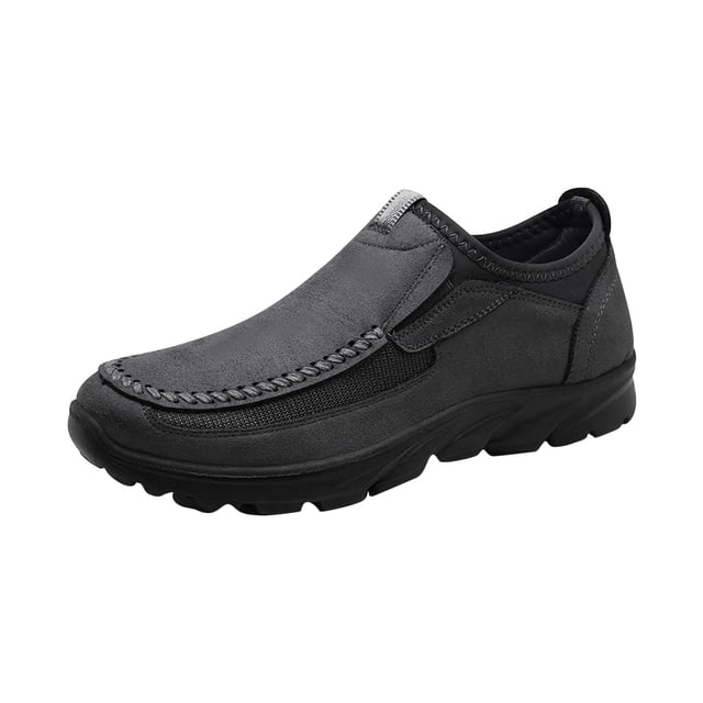 Mens Walking Shoes Simplicity Hand Sewn Thread Slip on Breathable Comfortable Soft Sole Driving Outdoor Leather Shoes Gray